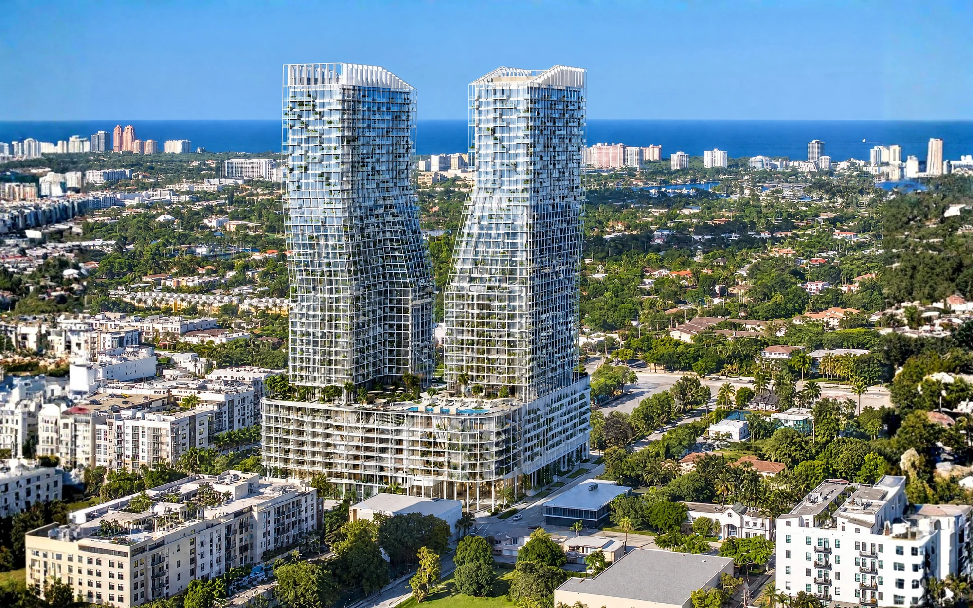 Aerial view of the two Ombelle towers and the Fort Lauderdale skyline