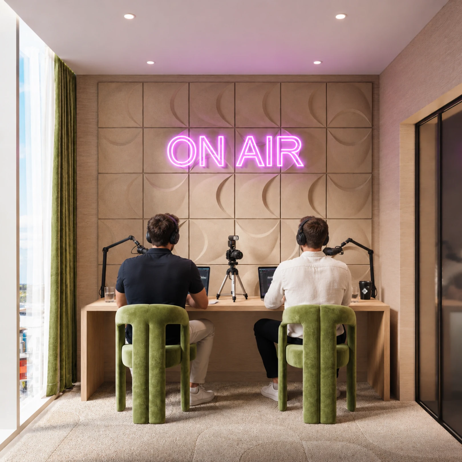 Podcast and recording room with an ON AIR sign at Ombelle