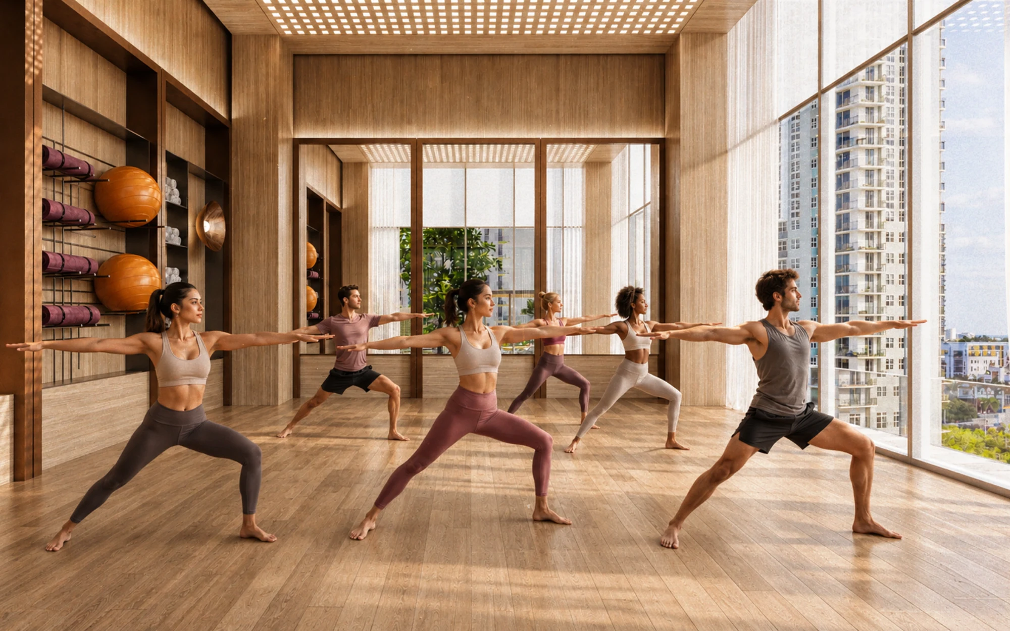 Yoga class in the Equinox fitness studio with floor-to-ceiling windows
