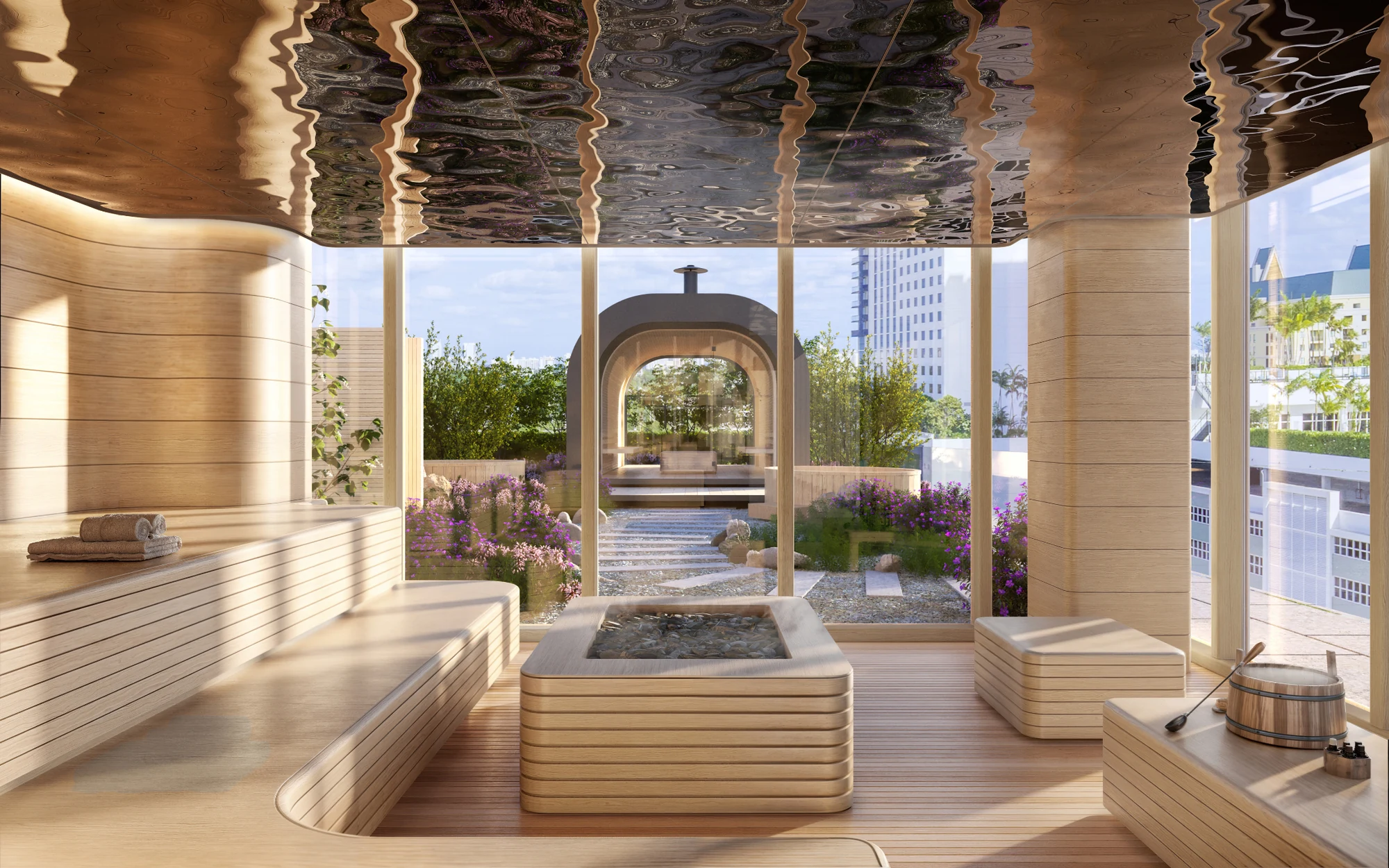 Spa suite with sauna, cold plunge and tiled wellness loungers