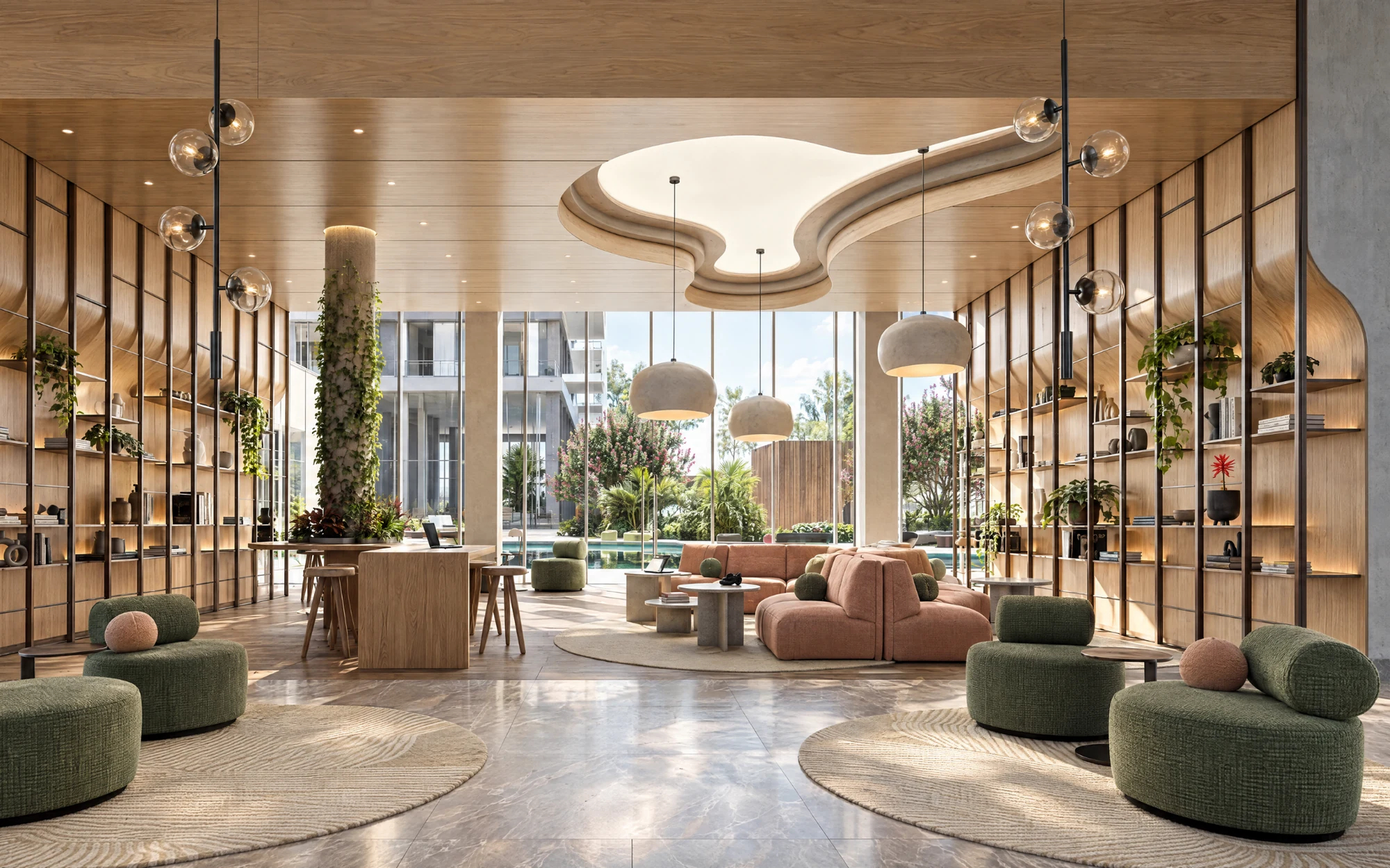 Resident lounge with a sculptural ceiling, planting and soft seating