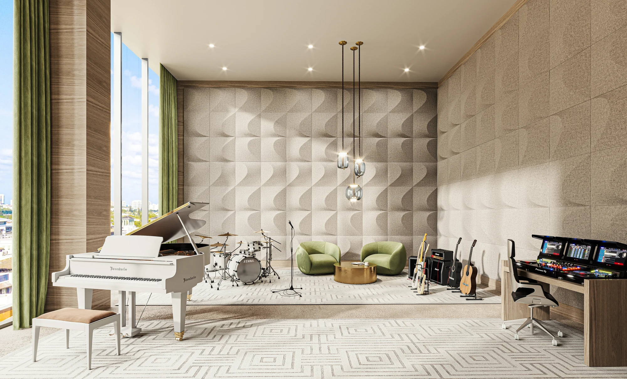 Music room with a grand piano, drum kit and guitars