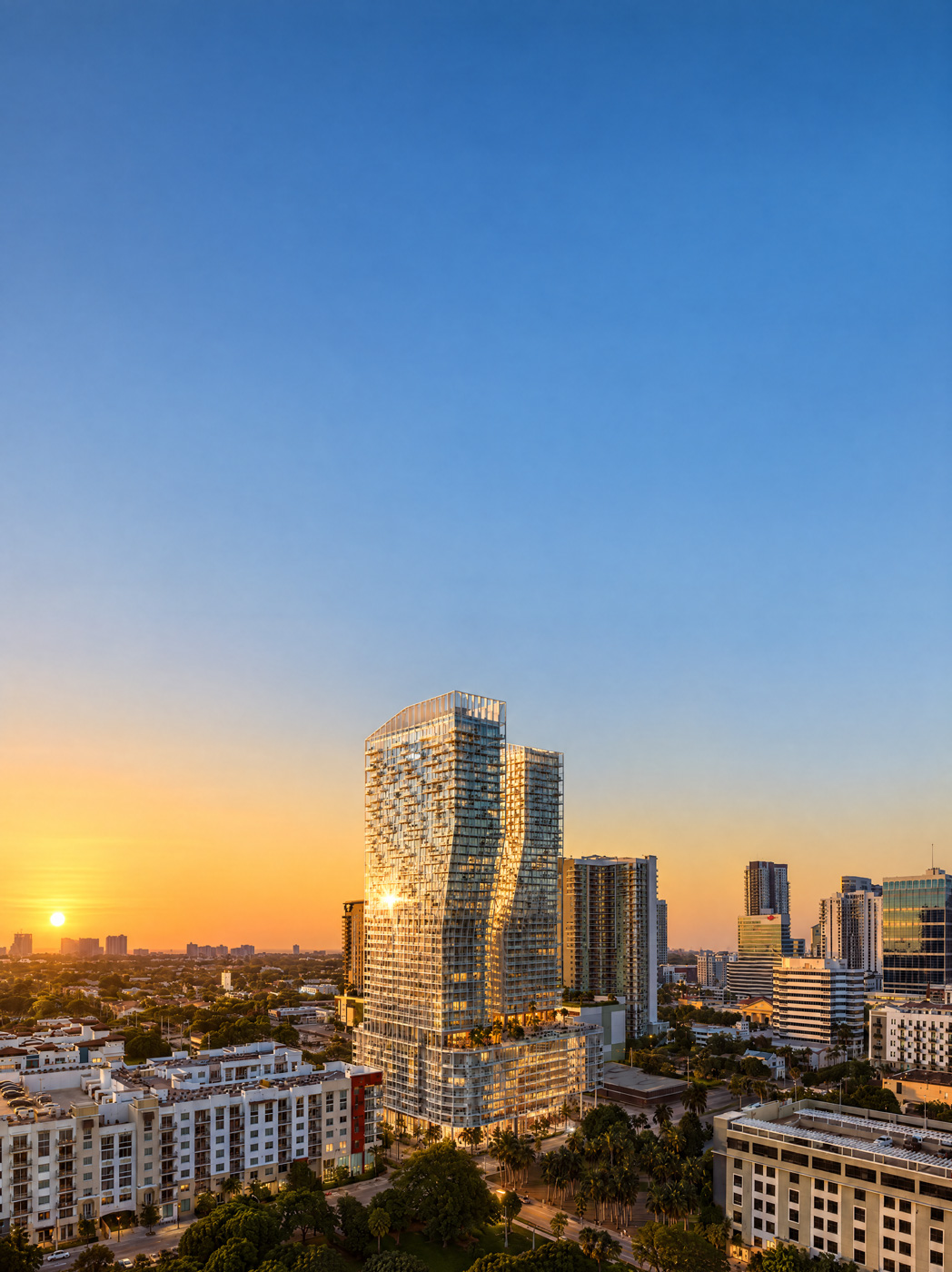 Ombelle east towers at sunset showing the complete building